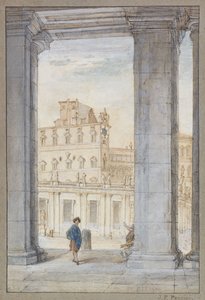 En utsikt over Petersplassen under Berninis søyler, Det sixtinske kapell og pavepalasset bortenfor; En utsikt over Petersplassen fra Berninis søyleganger, Det sixtinske kapell og det pavelige palasset bortenfor, av Giovanni Paolo Pannini