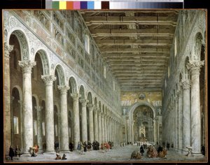 Interiør av Basilica of Saint Paul utenfor murene i Roma. Interiør av St. Paul-basilikaen utenfor murene i Roma. Maleri av Giovanni Paolo Panini (eller Pannini av Giovanni Paolo Pannini