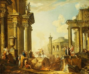 Marcus Curtius hopper inn i kløften, en Capriccio med Trajans søyle og andre klassiske bygninger bortenfor, av Giovanni Paolo Pannini