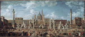 Forberedelser til fyrverkeri og dekorasjoner av festen gitt i Roma for å feire fødselen til Louis de France-delfinen (olje på lerret av Giovanni Paolo Pannini