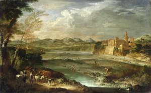 Trebbia-dalen med slottet Rivalta, ca. 1720 av Giovanni Paolo Pannini
