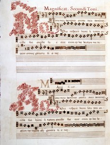 Magnificat, manuskript av "Messes of Mantua" av Giovanni Pierluigi da Palestrina (1525 - 1594), italiensk komponist. av Giovanni Pierluigi da (after) Palestrina