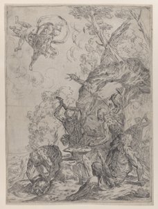 Vulcans smia med smeder som slår en ambolt med hammere..., 1640-59.