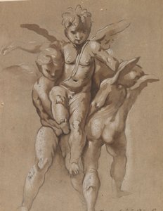 To Putti som bærer en tredje Putti (recto); En ungdom med en stab (verso)