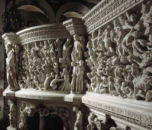 Detalj av stolen realisert av Giovanni Pisano (1248-1314): Kristusdommeren mellom de utvalgte og de fordømte (Detalj av relieffene på marmorprekestolen, Kristus mellom utvalgte og fordømte sjeler) 1302-1311 Cathedrale of Pisa (Duomo di Pisa), Italia av Giovanni Pisano