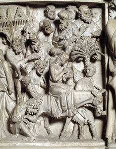 Detalj av relieffene av stolen realisert av Giovanni Pisano (1248-1314): Detalj av relieffene av marmorprekestolen, flukt inn i Egypt 1302-1311 Cathedrale de Pisa (Duomo di Pisa), Italia av Giovanni Pisano