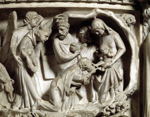 Detalj av relieffene av stolen realisert av Giovanni Pisano (1248-1314): Detalj av relieffene av marmorprekestolen, tilbedelsen av magiene 1302-1311 Cathedrale of Pisa (Duomo di Pisa), Italia av Giovanni Pisano