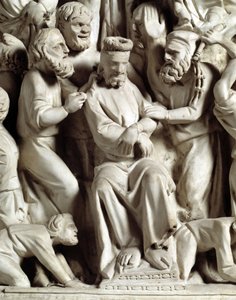 Detalj av relieffene av stolen realisert av Giovanni Pisano (1248-1314): Detalj av relieffene av marmorprekestolen, jesus hånet 1302-1311 Cathedrale of Pisa (Duomo di Pisa), Italia av Giovanni Pisano