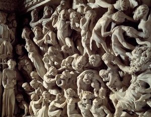 Detalj av relieffene av stolen realisert av Giovanni Pisano (1248-1314): damns (Detalj av relieffene av marmorprekestolen) 1302-1311 Cathedrale de Pisa (Duomo di Pisa), Italia av Giovanni Pisano