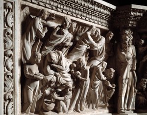 Detalj av relieffene av stolen realisert av Giovanni Pisano (1248-1314): kunngjøringen, besøkelsen og fødselen til døperen Johannes (Detaljer av relieffene på marmorprekestolen, kunngjøringen, besøkelsen og fødselen av døperen Johannes) 1302 -1311 Cath av Giovanni Pisano