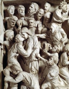 Detalj av relieffene av stolen realisert av Giovanni Pisano (1248-1314): Judas kyss (Detalj av relieffene av marmorprekestolen, kyss av Judas) 1302-1311 Cathedrale of Pisa (Duomo di Pisa), Italia