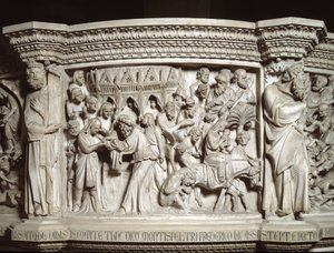 Detalj av relieffene av stolen realisert av Giovanni Pisano (1248-1314): presentasjonen av Jesus ved templet og flukten til Egypt (Detaljer av relieffene av marmorprekestolen) 1302-1311 Cathedrale of Pisa (Duomo di Pisa) , Italia av Giovanni Pisano
