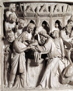 Detalj av relieffene av stolen realisert av Giovanni Pisano (1248-1314): presentasjonen av Jesus ved templet (Detaljer av relieffene av marmorprekestolen) 1302-1311 Cathedrale of Pisa (Duomo di Pisa), Italia av Giovanni Pisano