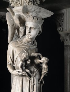 Detalj av de skulpturerte gruppene som støtter stolen realisert av Giovanni Pisano (1248-1314): Kirken nærer sine barn (Detalj av skulpturene som støtter marmorprekestolen, kirken mater barna hennes) 1302-1311 Cathedrale de Pisa (Duomo di Pis) av Giovanni Pisano