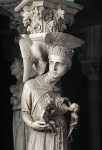 Detalj av de skulpturerte gruppene som støtter stolen realisert av Giovanni Pisano (1248-1314): Kirken nærer sine barn (Detalj av skulpturene som støtter marmorprekestolen, kirken mater barna hennes) 1302-1311 Cathedrale de Pisa (Duomo di Pis) av Giovanni Pisano