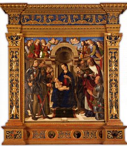 Pala Oliva. Madonna og barn tronet mellom de hellige George, Frans av Assisi ..., 1489.