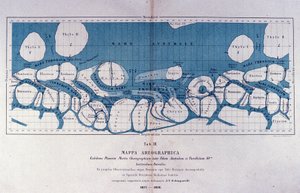 Kart over planeten Mars av Giovanni Virginio Schiaparelli (1835-1910) astrofysiker. Han observerte rettlinjede konfigurasjoner på planeten Mars, som han kalte Marskanalene (canali). 1877-1878