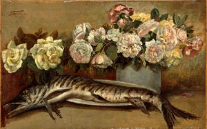 Stilleben med blomster og fisk eller Gjedde og roser av Giovanni Segantini