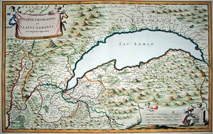 Genfersjøen, fra en to-binders bybok om Savoy og Piemonte, gravert av Joannes de Broen (1649-c.1730) av Giovanni Tommaso (after) Borgionio