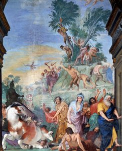Musene og dikterne jakter på Parnassus (muser og poeter utvist fra Parnassus) Fresco-detalj av Giovanni da San Giovanni (1592-1636) 1634-1642 Museo degli argenti, Palazzo Pitti, Firenze av Giovanni da San Giovanni