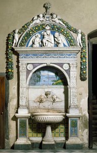 Decoree-fontene med høyt relieff i marmor og terrakotta av Giovanni della Robbia (1469-1529) 1498. Santa Maria Novella sakristi, Firenze