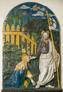 Noli me tangere Jesus Kristus holder et hvitt flagg (standard) slått med et rødt kors og aureolen hans er merket med et kors. Keramiske relieffstrømper av Giovanni della Robbia (1469-1529) Firenze, Museo Nazionale del Bargello