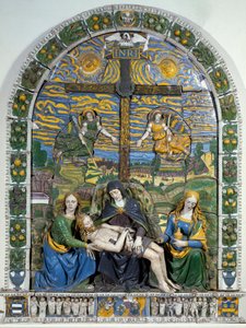 Avsetningen (Pieta) Jesus Kristus og Jomfru Maria omgitt av Johannes og Maria Magdalena før korset med inskripsjonen INRI (I.N.R.I.). Lavrelieff keramikk av Giovanni della Robbia (1469-1529) Dim. 3x2,28 m Firenze, Museo Nazionale
