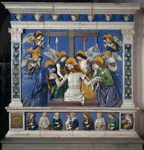 Deponeringen av Jesus i den hellige grav med jomfruen og Johannes-evangelisten Representasjon av lidenskapens symboler: pisk, tornekrone og svamp dynket i eddik (posca). Høyrelieff keramikk av Giovanni della Robbia (1469-1529) rundt 14