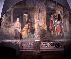 St. Benedict Mending the Broken Sieve, detalj fra freskosyklusen til St. Benedikts liv fra Chiostro degli Aranci (appelsinens kloster) ca. 1430-tallet (fresko) av Giovanni di Consalvo (attr. to)