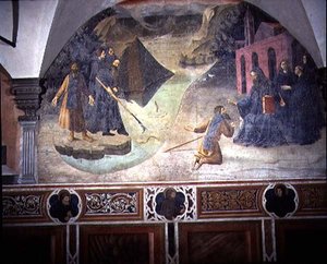 St. Benedict Henter tømmerhoggerøksen fra innsjøen, detalj fra freskosyklusen til St. Benedikts liv fra Chiostro degli Aranci (appelsinens kloster) ca. 1430-tallet (fresko) av Giovanni di Consalvo (attr. to)
