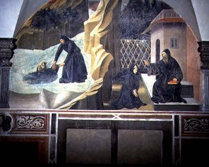 St. Benedict sender Mauro for å redde den druknende Placidus fra innsjøen, detalj fra freskosyklusen av St. Benedikts liv fra Chiostro degli Aranci (appelsinens kloster) ca. 1430-tallet (fresko) av Giovanni di Consalvo (attr. to)
