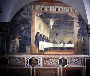 St. Benedict og det forgiftede brød, detalj fra freskomaleriet til St. Benedikts liv fra Chiostro degli Aranci (appelsinens kloster) ca. 1430-tallet (fresko) av Giovanni di Consalvo (attr. to)