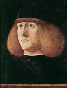 Renessanse: Portrait of a Young Man par Mansueti, Giovanni di Niccolo (ca. 1465-1527), ca. 1500. Olje på tre, 29,7x22,3. Kunsthistorisk museum, Vienne