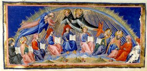 Paradiso, Canto X. Beatrice og Dante svever ved siden av solens himmel møter de som er utmerkede for sin visdom. De blir møtt av St. Thomas Aquinas med Albertus Magnus. Nedenfor sitter ti representanter for visdom; Bede, St. Ambrosius, Isidore av Sev av Giovanni di Paolo