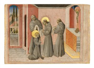 The Investiture of Saint Clare: Den hellige mottar klærne til hennes orden fra Saint Francis, ca. 1389-1482 (tempera og gull på panel) av Giovanni di Paolo