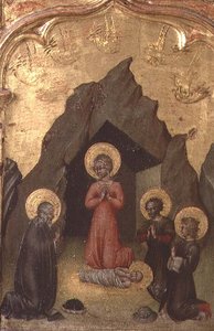 Tilbedelse av barnet av jomfruen, St. Josef og to helgener av Giovanni di Paolo di Grazia