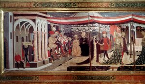 Renessanse bryllupsseremoni Detalj av venstre del av panelet som dekorerer Cassone Adimari. Bryllupsscene på Piazza del Duomo (Plaza de la Cathedrale Santa Maria del Fiore). Musikere sitter på en scene og spiller trompet, trombone og perkusjonsinstrument