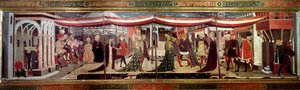 Bryllupsseremonien har renessansepanelet som dekorerer Cassone Adimari. Bryllupsscene på katedralplassen (Plaza de la Cathedrale Santa Maria del Fiore). Par i kortegen avanserer under en baldakin. Maleri av Giovanni av Ser Giovanni Scheggia (1406-