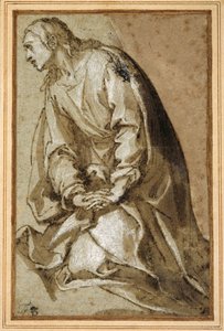En ung helgen som kneler i bønn (penn og brunt blekk med brun vask og forhøyning) av Girolamo (circle of) Muziano