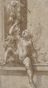 En putto sittende på en ramme, ca. 1538-40. av Girolamo Mazzola Bedoli