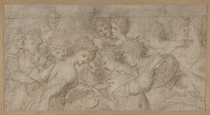 Omfavner kvinnelige figurer, noen holder musikalske partiturer., 1570-73. av Girolamo Mirol.