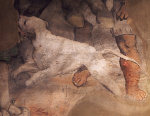 Figur av hund, detalj fra freskomaleri av Girolamo Romanino (ca1484-1566), Sant'Antonio (St Anthony) kirke, Breno, Italia av Girolamo Romanino