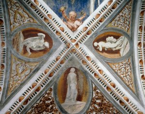 Mosaikknisjer og statuer, Detalj av fresker av Girolamo Romanino (ca 1484-etter 1559), på oppdrag av Bernardo Clesio av Girolamo Romanino