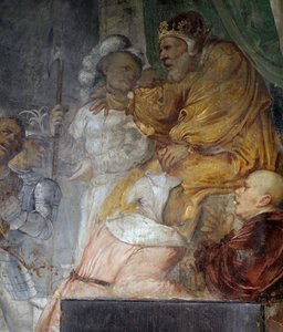 Nebuchadnezzar, detalj fra miraklet til Daniels tre følgesvenner, freskomaleri av Girolamo Romanino (ca 1484-etter 1562), detalj av den høyre veggen til kirken Saint Anthony Abbot, Breno. Italia av Girolamo Romanino