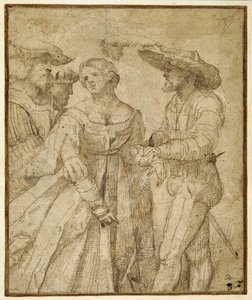Scene med tapperhet: fire figurer som står mot en landskapsbakgrunn (penn og brunt blekk på brunt papir) av Girolamo Romanino
