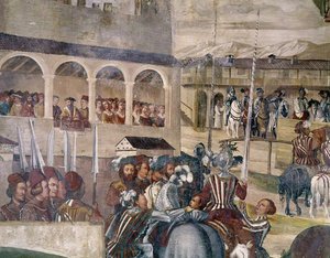 Turnering til ære for Christian I av Danmark på Castello di Malpaga, detalj fra venstre side, 1520-30 av Girolamo Romanino