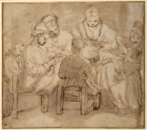 Kvinner og jenter sitter rundt et bord og syr (penn og brunt blekk med brun vask på papir) av Girolamo Romanino
