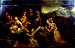 Mystic Marriage of St. Catherine (olje på panel) av Girolamo da (circle of) Carpi