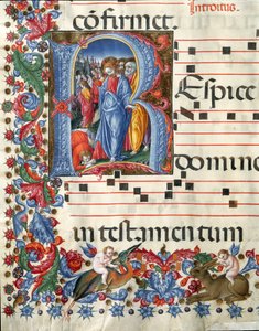 Decoree lettrine som viser Kristus og spedalske miniatyr av Girolamo da Cremona (aktiv rundt 1451-1483) og Liberale da Verona (1445-1529) fra et kor (Cod. 19/4. c.26.) fra katedralen i Siena. Cathedrale (Duomo) fra 1400-tallet i Siena, Italia