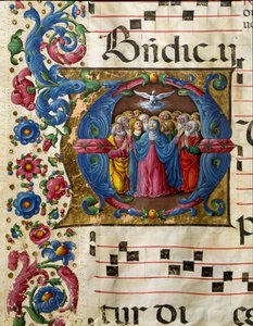 Den Hellige Ånds due (Den Hellige Ånd) viser seg for Jomfru Maria og apoterne. Miniatyr av Girolamo da Cremona (aktiv rundt 1451-1483) fra et kor (Cod. 10/L. c.32v) fra katedralen i Siena. Cathedrale (Duomo) fra 1400-tallet i Siena, Italia